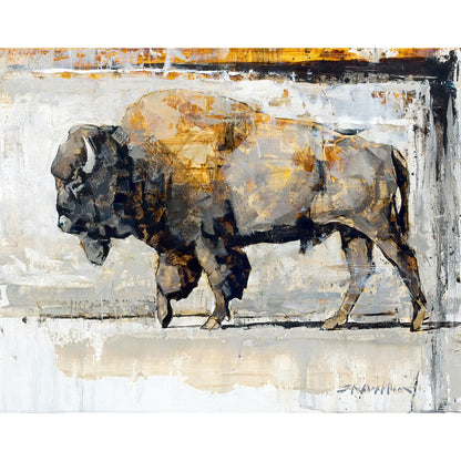 Canvas print of buffalo painting by artist Jerry Markham. Loose and impressionistic painting in brown and grey neutral tones of an American bison. This limited edition wildlife art available as a canvas print in multiple sizes. Modern wall art print for country mountain ranch or modern home decor.