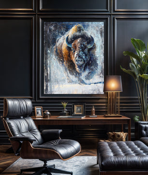 Bison art canvas print shown in modern luxury office