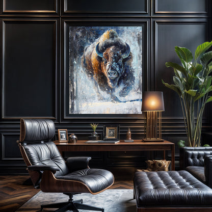 Bison art canvas print shown in modern luxury office