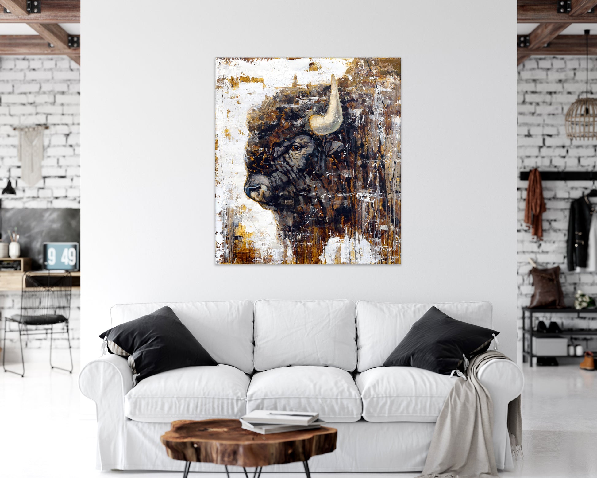 Large wall art canvas print of buffalo impressionistic painting reproduction in neutral tones