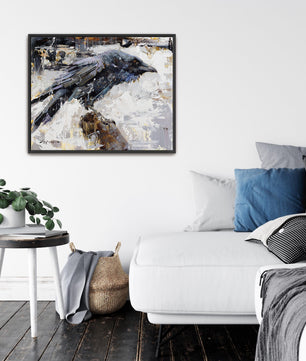 Raven art framed canvas print available in multiple sizes. Contemporary black and white raven wall art modern country decor.