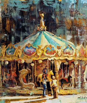 Merry go round carousel painting by Jerry Markham artist available as a canvas print for wall art in multiple sizes. Teal green blue and yellow gold colors. Will look great in kids room.