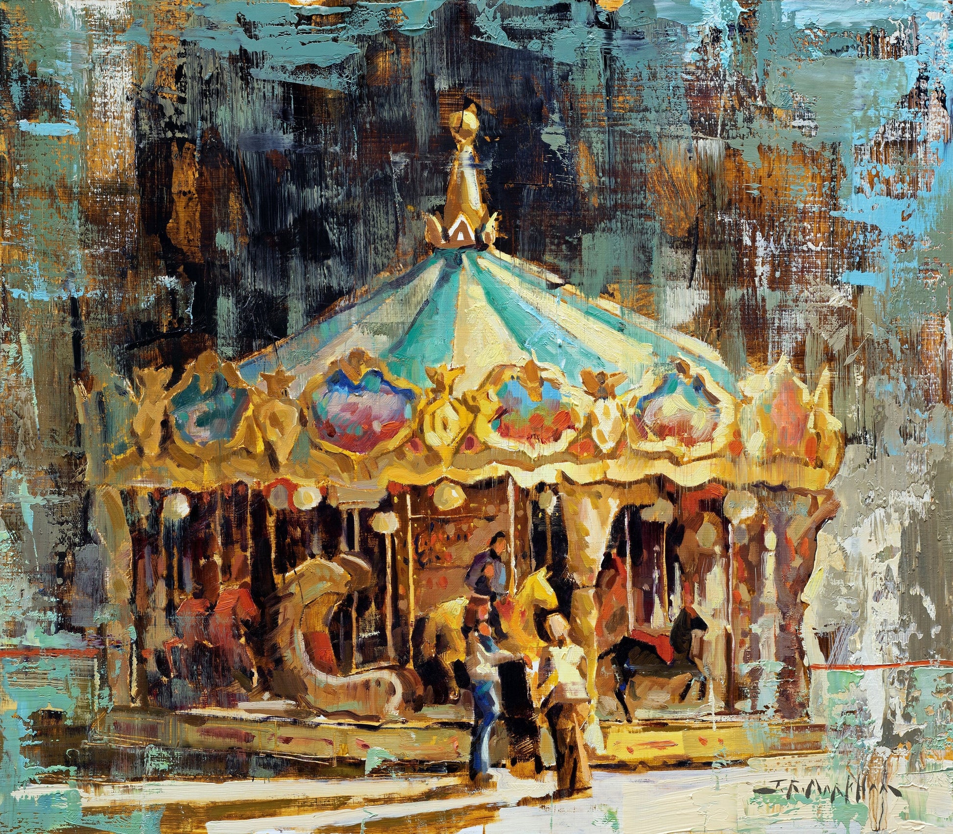 Merry go round carousel painting by Jerry Markham artist available as a canvas print for wall art in multiple sizes. Teal green blue and yellow gold colors. Will look great in kids room.