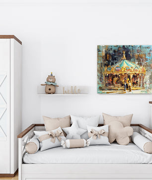 Canvas print of carousel merry go round painting shown on kids room or nursery room wall art decor