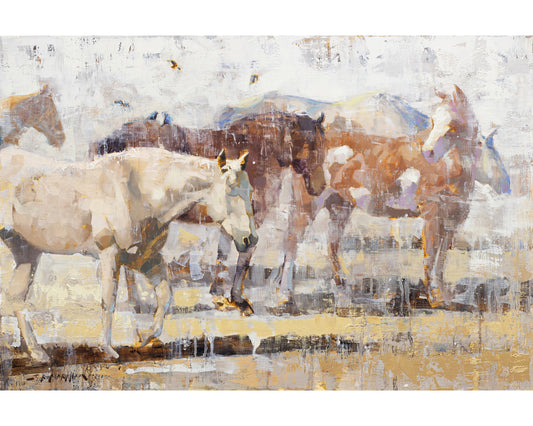 White and tan impressionist painting of horses available as a giclee canvas print for wall art decor.