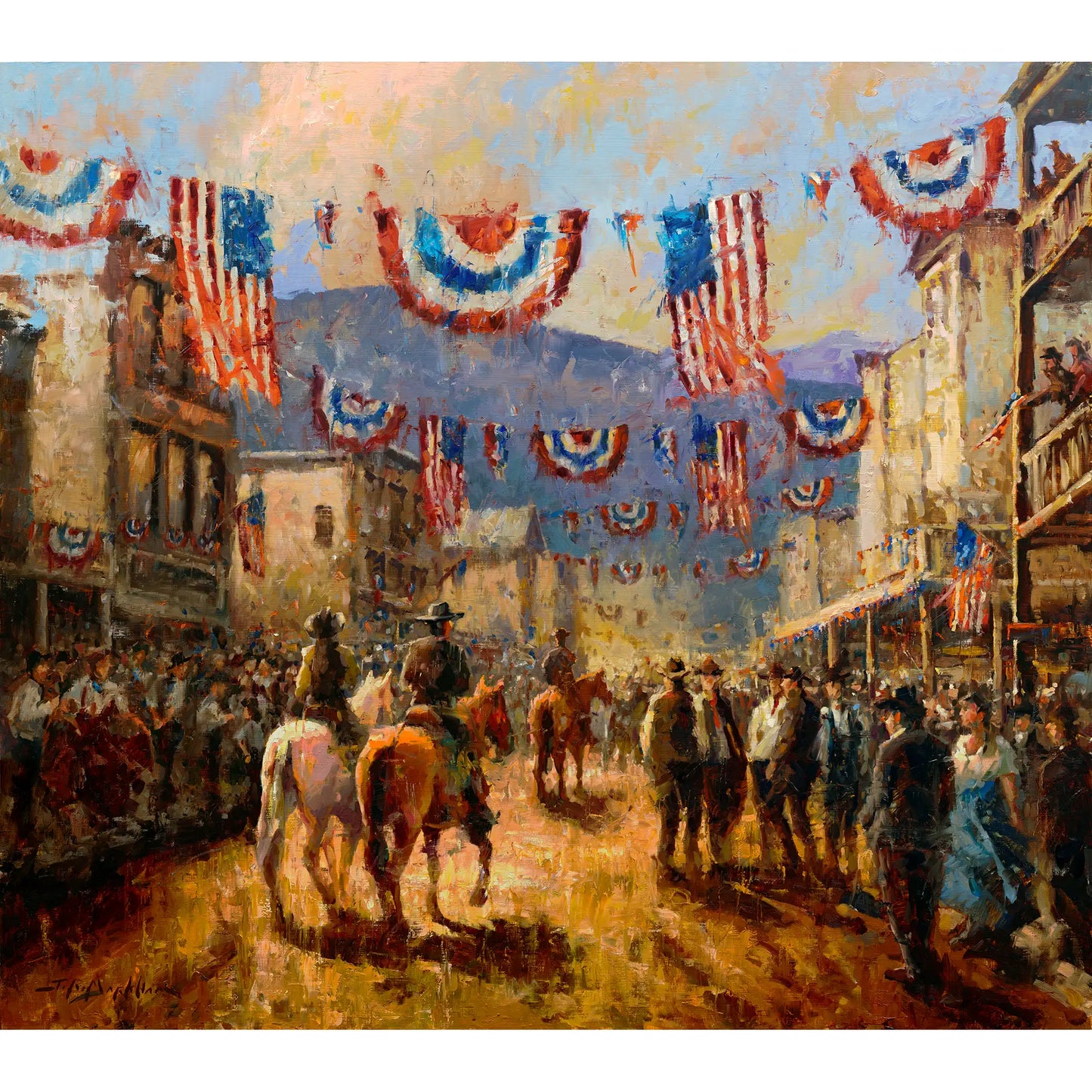 USA Independence Day celebration in a historic western town with american flags overhead and people and horses lining the street. Available as a canvas print from an original oil painting. This western art available in multiple sizes. Free shipping USA. 
