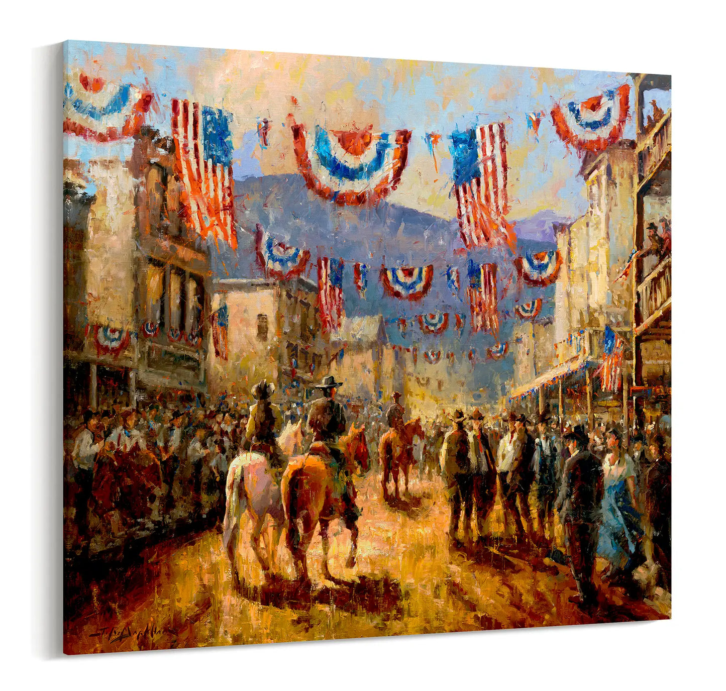 Painting of a lively street scene with people, horses, and American flags in celebration of Independence Day. This western wall art available as a canvas print.