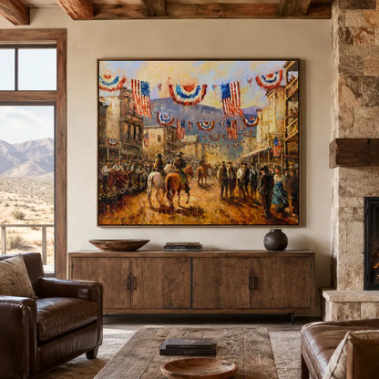 American art painting print of a western town celebrating Independence Day with people and horses lining the street and flags overhead. Western wall art available as a canvas print in multiple sizes and frame optinos. Shown in ranch farmhouse home decor.