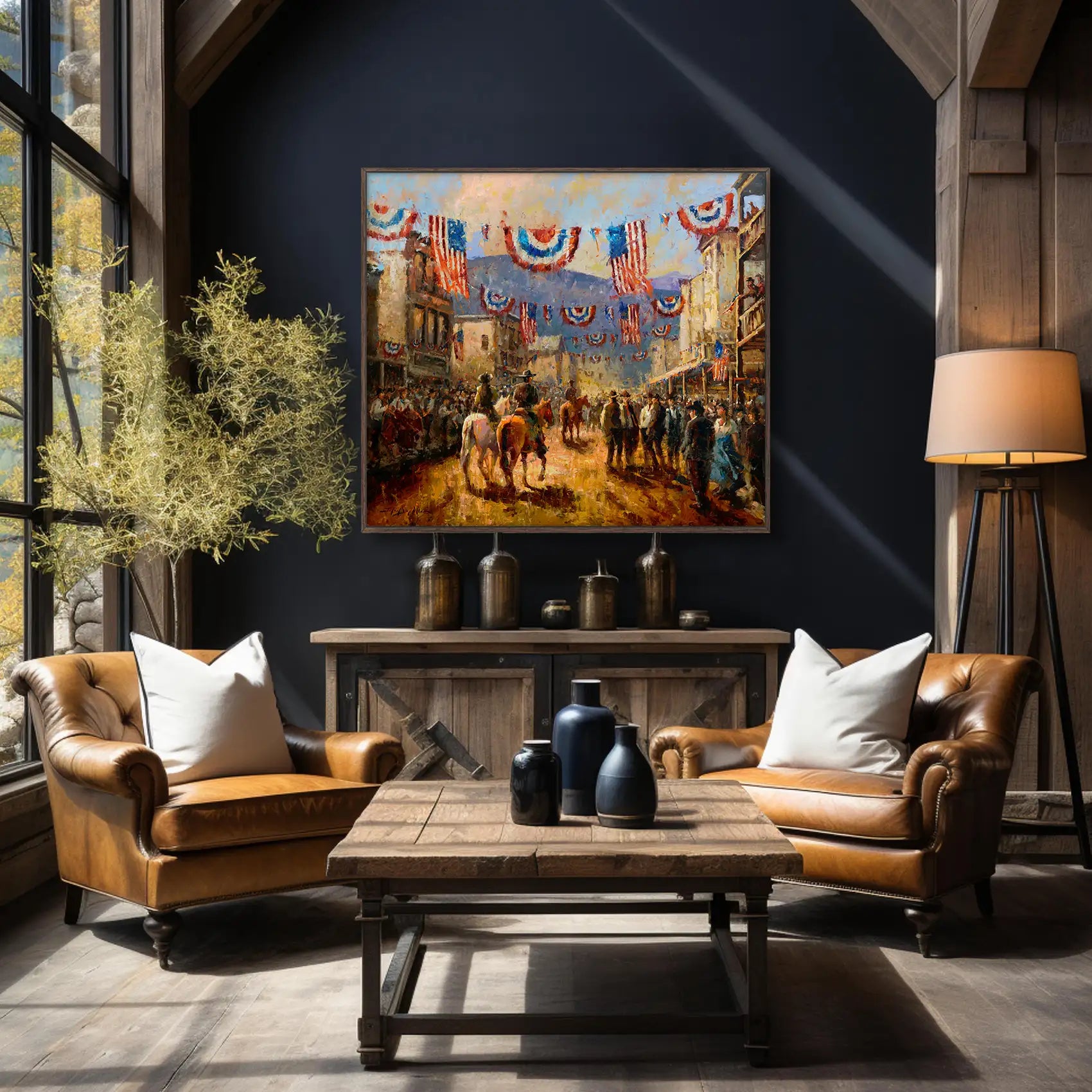 Americana art painting print of a western town celebrating Independence Day. Western wall art available as a canvas print. Shown in ranch farmhouse home decor.
