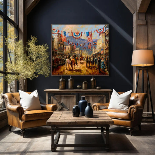 Americana art painting print of a western town celebrating Independence Day. Western wall art available as a canvas print. Shown in ranch farmhouse home decor.
