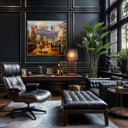American art painting print of a western town celebrating Independence Day. Western wall art available as a canvas print. Shown in luxury office decor.