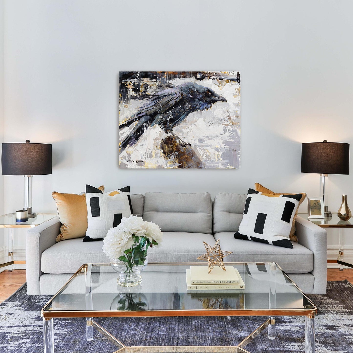 Raven art canvas print available in multiple sizes. Contemporary black and white raven wall art shown in modern style decor.
