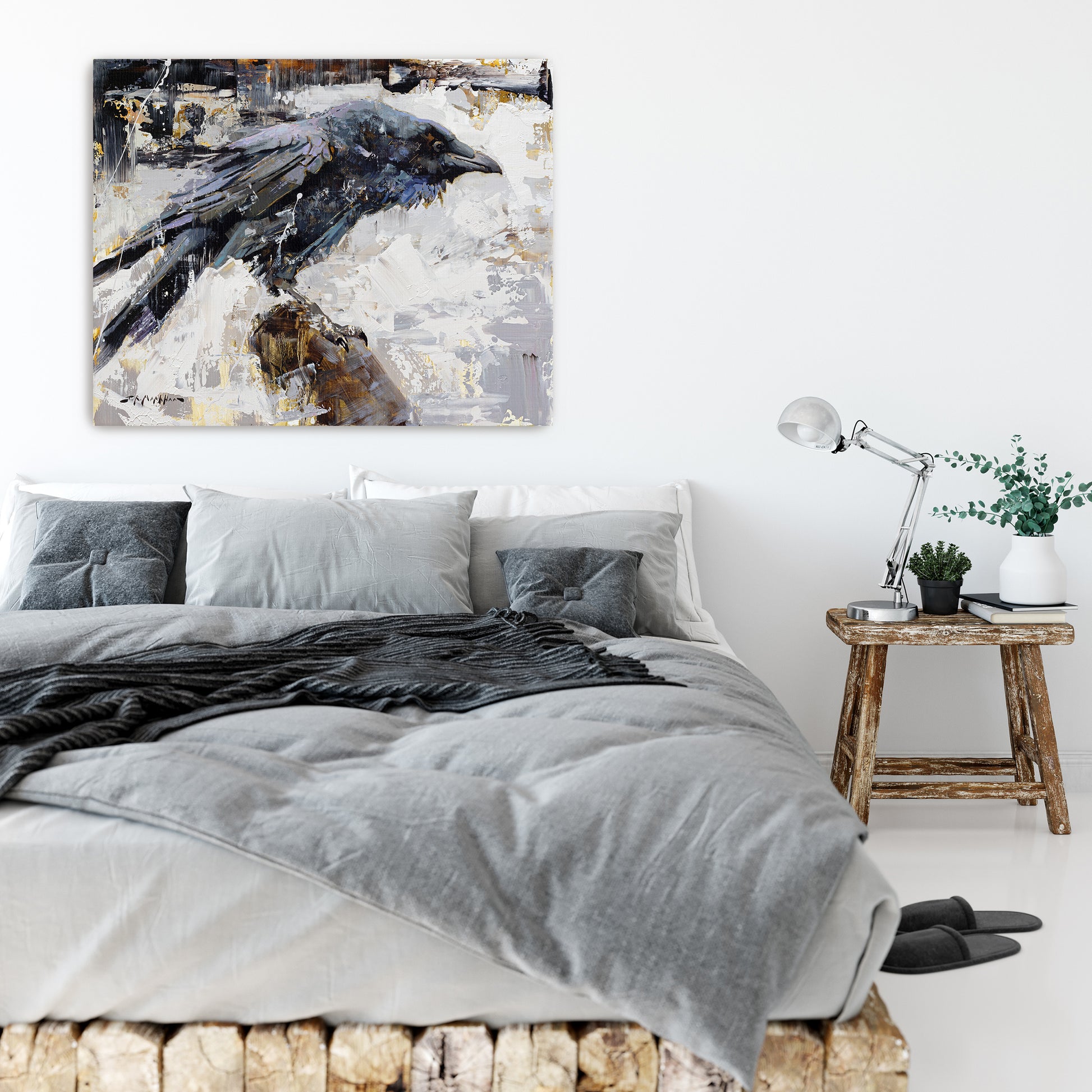 Raven art canvas print available in multiple sizes. Impressionist raven wall art in neutral black blue white grey and brown tones shown in modern farmhouse style decor.