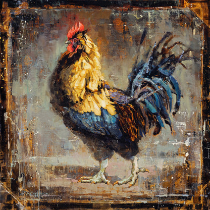 Colorful yellow and blue rooster chicken wall art painting print on canvas available in multiple sizes.