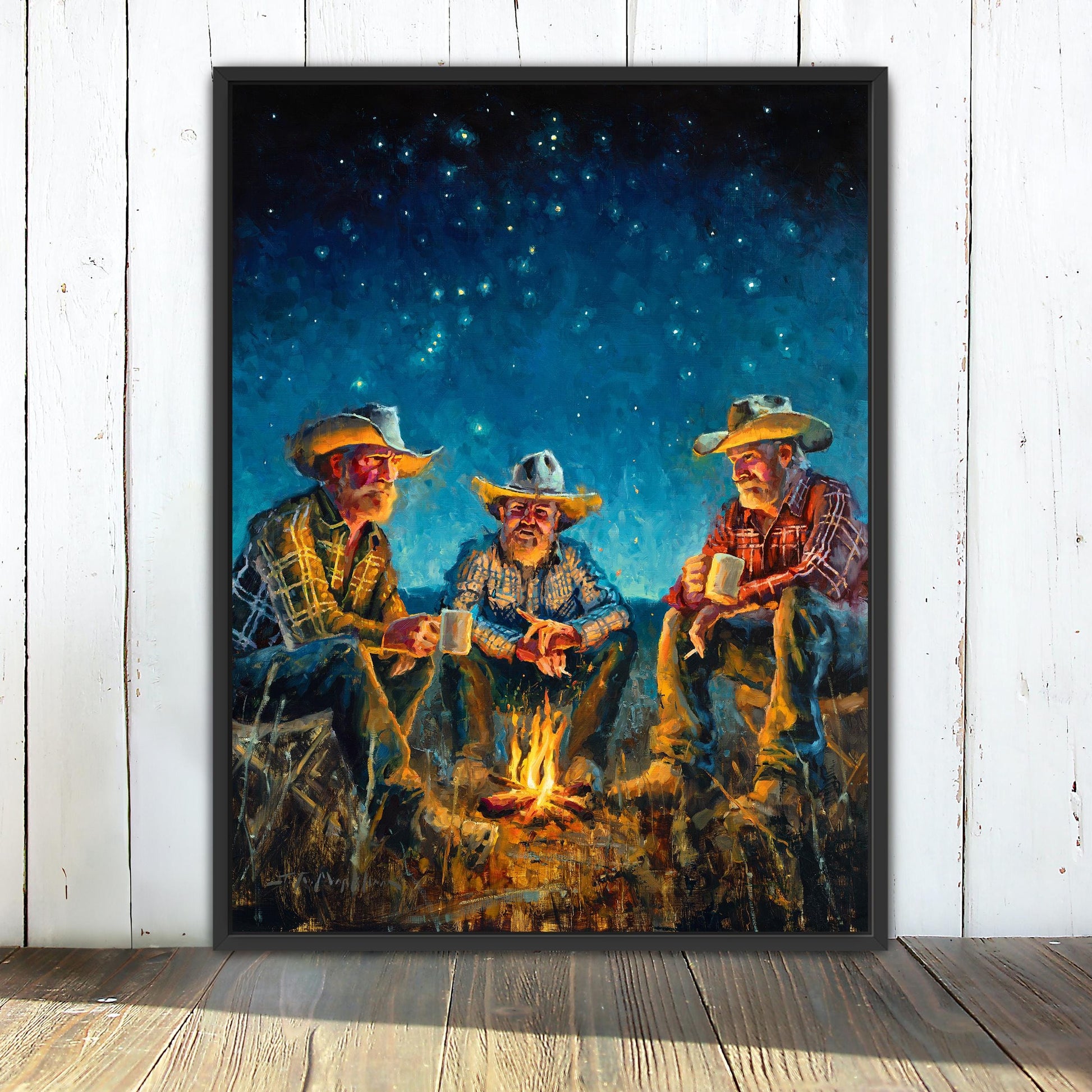 Cowboy art canvas print available in multiple sizes. Cowboys around campfire at night under starry sky - called &quot;Pondering Life&#39;s Big Questions&quot; by artist Jerry Markham. Cowboy wall art print, cowboy print, cowboy decor, western wall art print, western decor.
