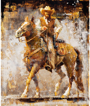 Cowboy art canvas print from original oil painting by Jerry Markham. Cowboy with gun on horse western wall art decor - available in multiple sizes and frame options.