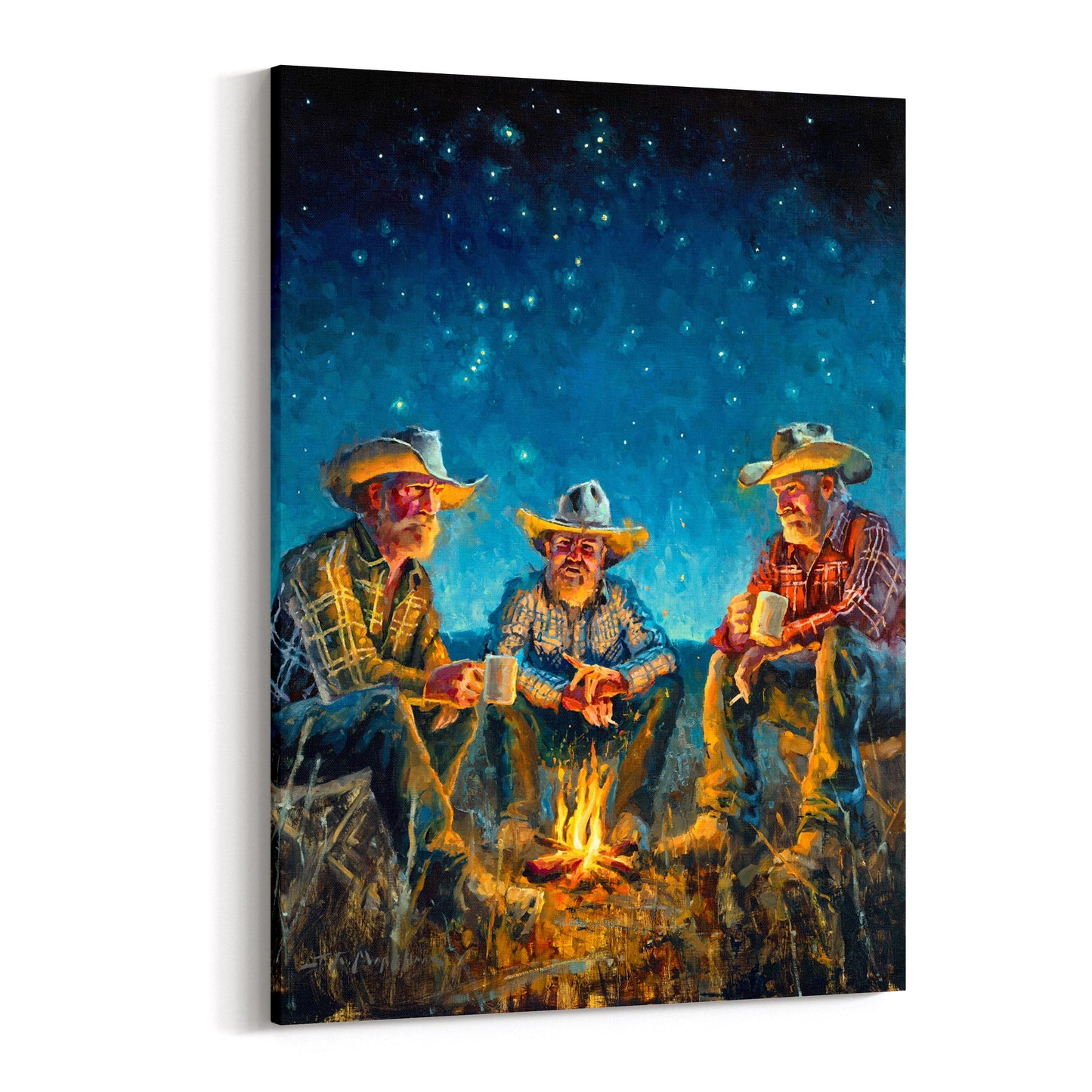 Cowboys around campfire at night under starry sky available as canvas print in multiple sizes. Shown as canvas wrap.
