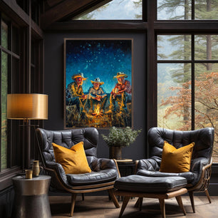 Cowboy art canvas print available in multiple sizes. Cowboys around campfire at night under starry sky. Cowboy wall art print, cowboy print, cowboy decor, western wall art print, western decor. Shown in espresso frame.