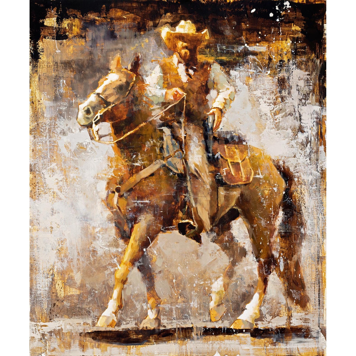 Cowboy art canvas print from original oil painting titled Maverick by Jerry Markham. Cowboy with gun on horse western wall art decor - available in multiple sizes and frame options.