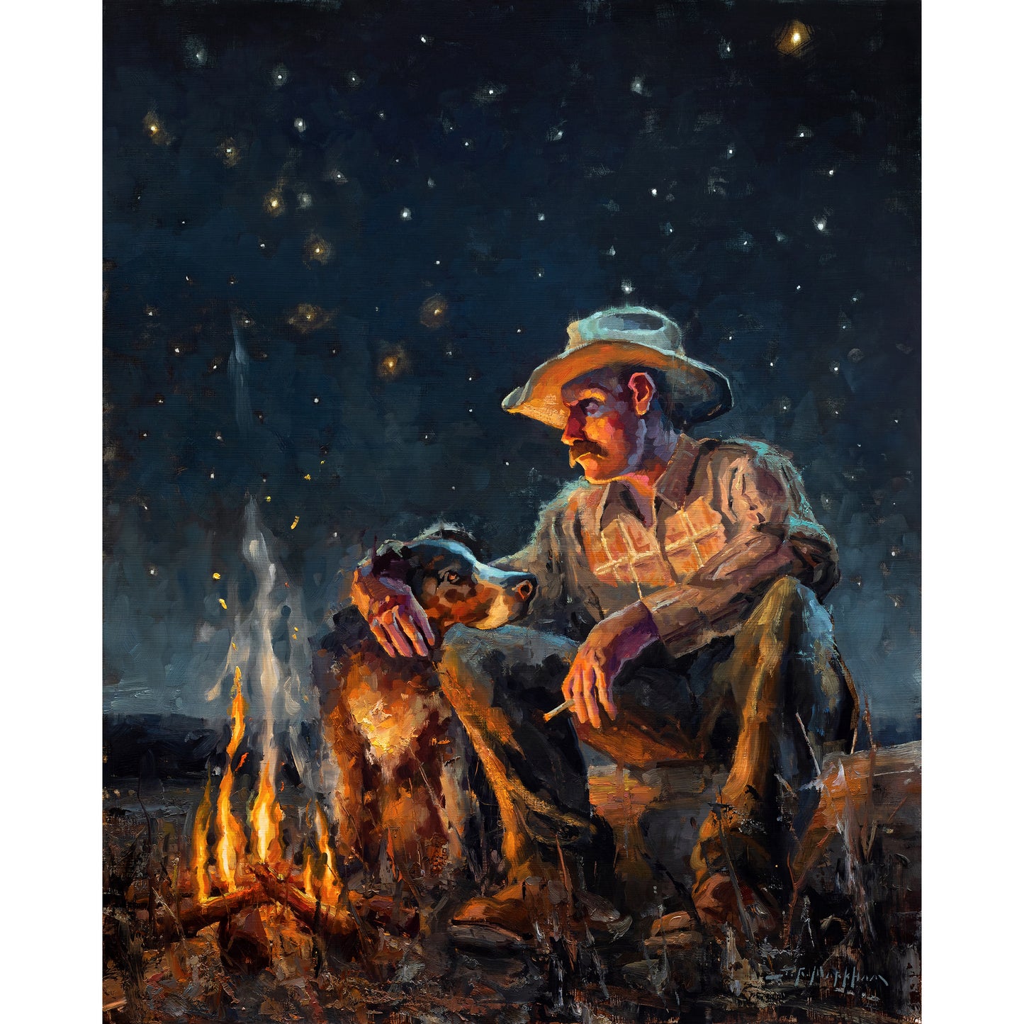 Cowboy with dog sitting by campfire at night under starry sky with big dipper and north star. Canvas print cowboy wall art available in multiple sizes. From original painting by Jerry Markham. 