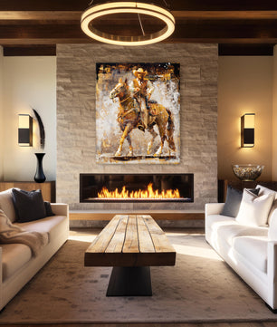 Cowboy art canvas print from original oil painting. Cowboy with gun on horse western art wall decor available in multiple sizes. Shown in modern farmhouse.