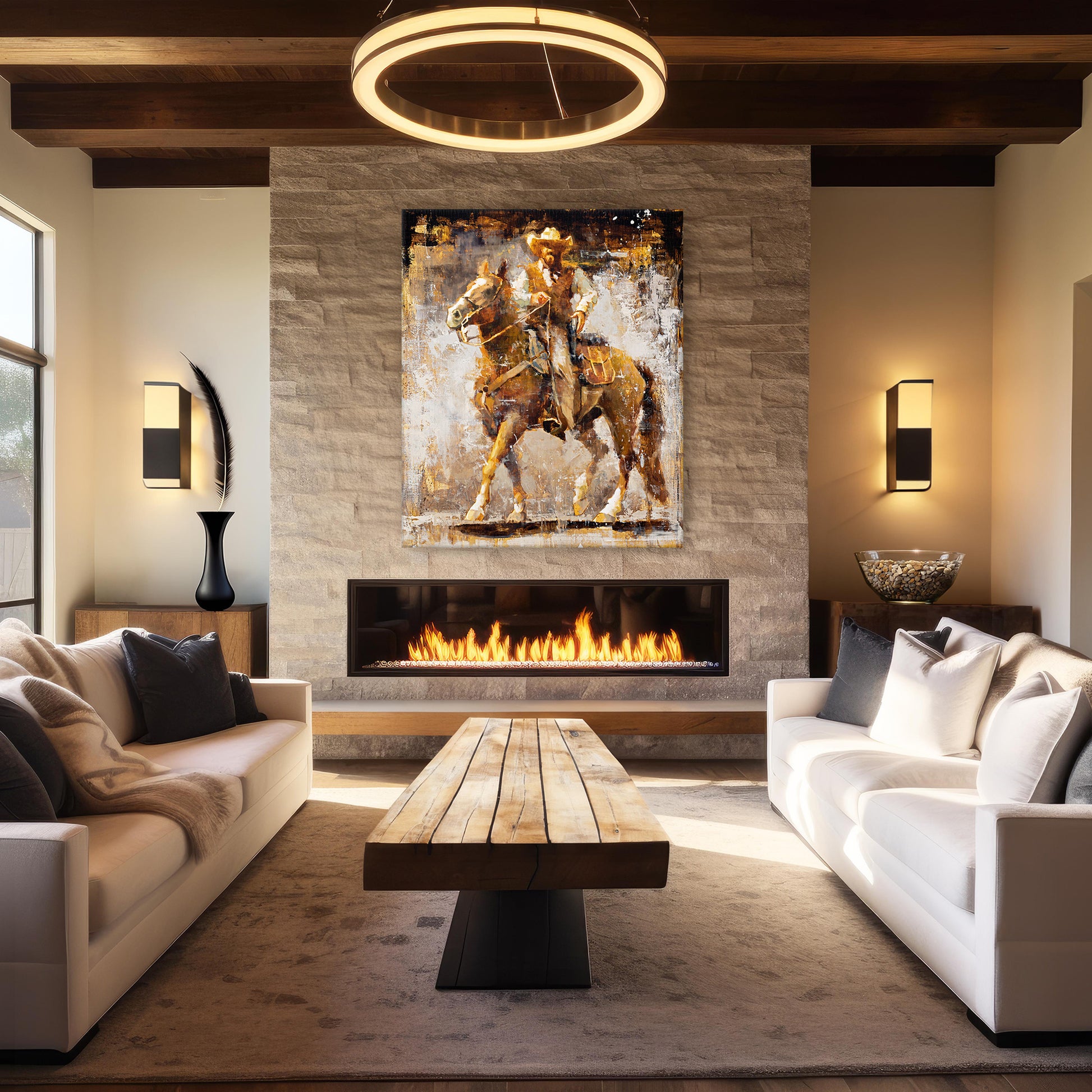 Cowboy art canvas print from original oil painting. Cowboy with gun on horse western art wall decor available in multiple sizes. Shown in modern farmhouse.