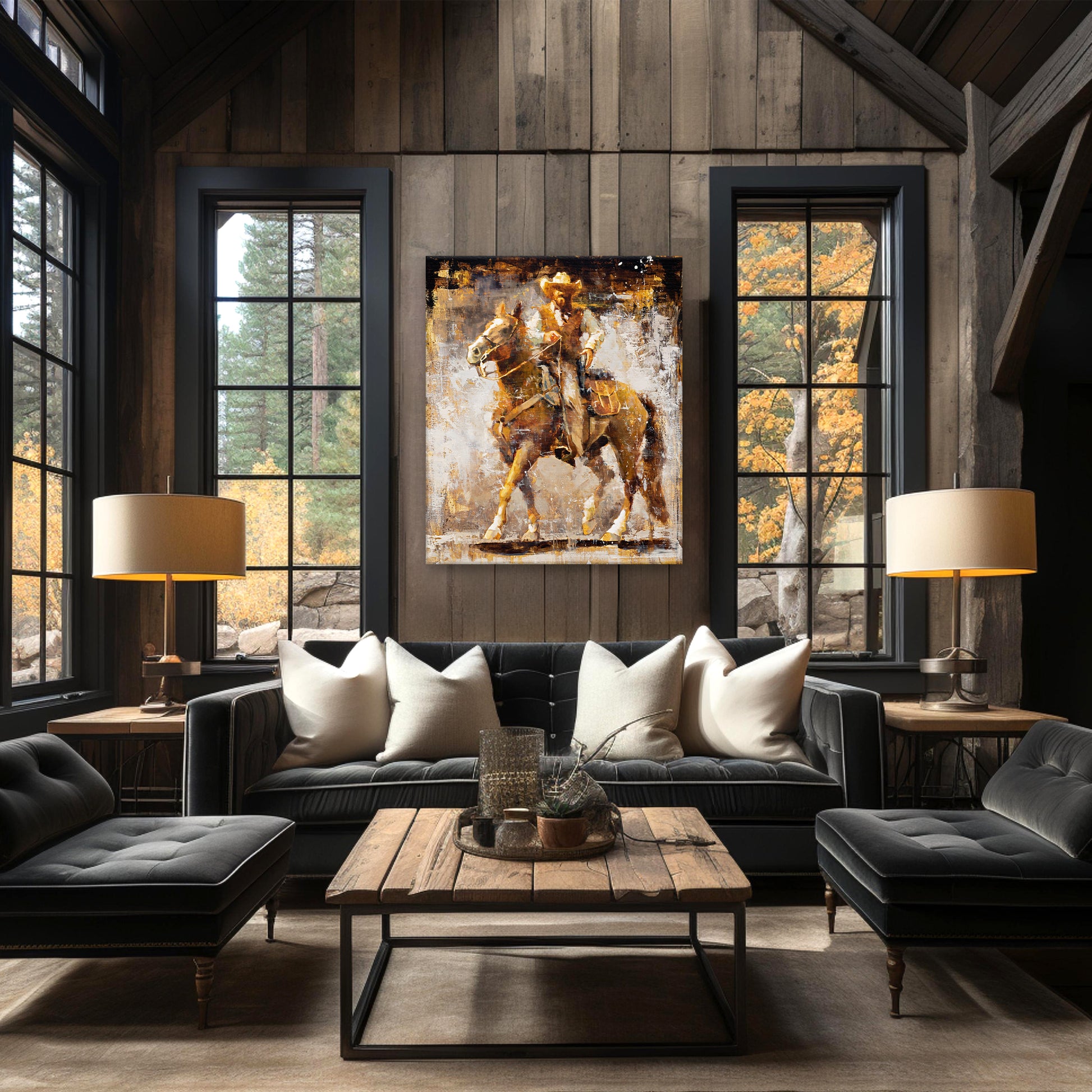 Cowboy art canvas print from original oil painting. Cowboy with gun on horse western wall art available in multiple sizes. Shown in modern ranch house decor.