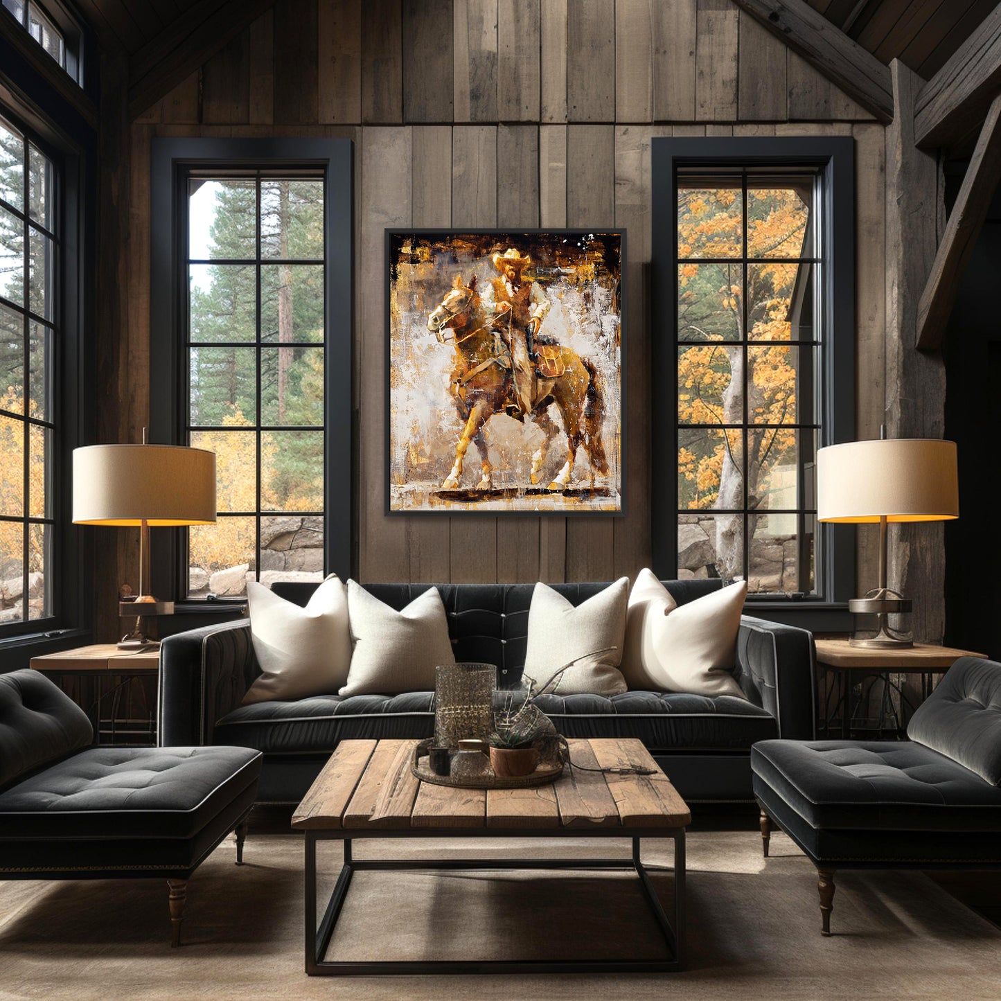 Cowboy art canvas print from original oil painting. Cowboy with gun on horse western wall art available in multiple sizes. Shown in modern ranch house decor.