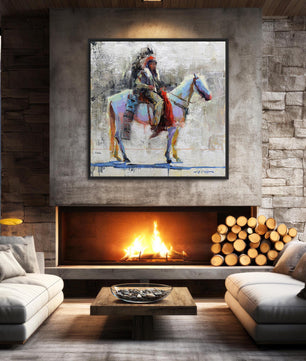Native american man on horse western wall art canvas print from original oil painting by artist Jerry Markham. Available in multiple sizes and frame options. Shown in black frame.