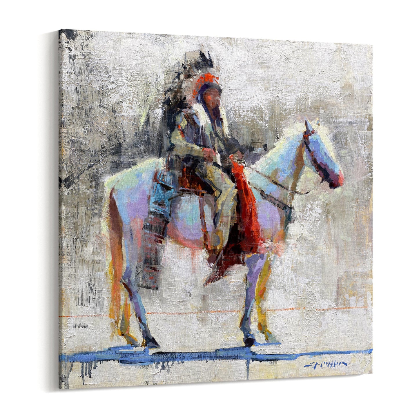 Native american man on horse western wall art canvas print from original oil painting by artist Jerry Markham. Canvas print available in multiple size. Modern white black red blue colors. Large wall art print.