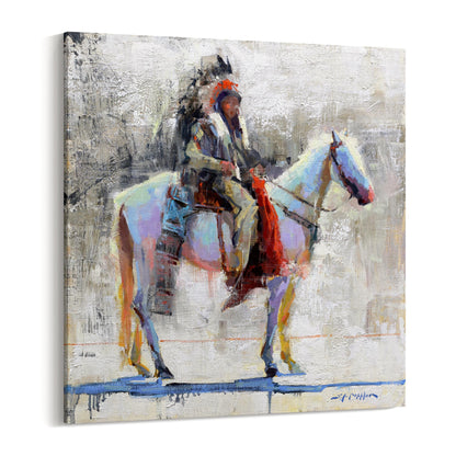 Native american man on horse western wall art canvas print from original oil painting by artist Jerry Markham. Canvas print available in multiple size. Modern white black red blue colors. Large wall art print.