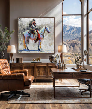 Native american man on horse western wall art canvas print from original oil painting by artist Jerry Markham. Available in multiple sizes and frame options. Shown in espresso frame.