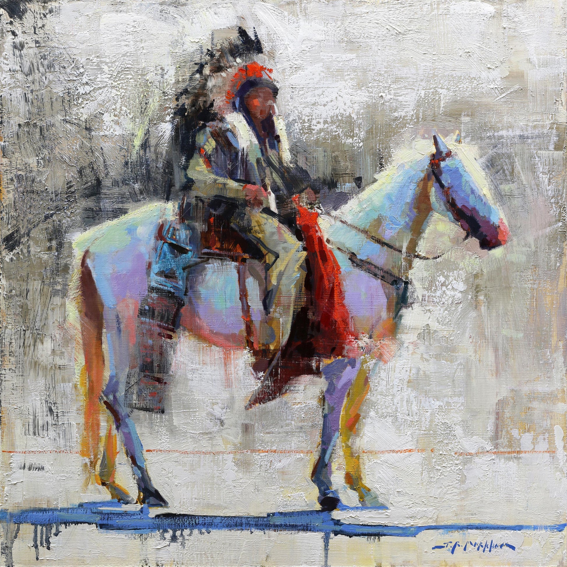 Native american man on horse wall art canvas print from original oil painting by artist Jerry Markham. Available in multiple sizes. Western wall art decor contemporary painting.