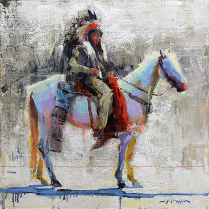 Native american man on horse wall art canvas print from original oil painting by artist Jerry Markham. Available in multiple sizes. Western wall art decor contemporary painting.
