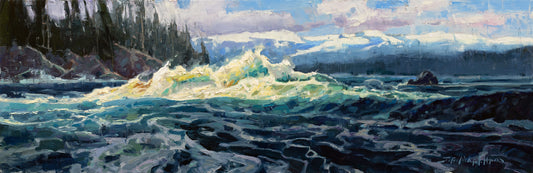 Crash - 10x31 - Original oil painting of a wave crashing against rocks in the ocean by Jerry Markham artist