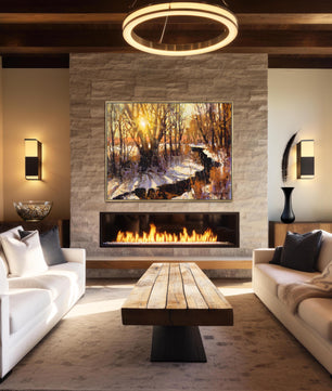 Sunset art winter landscape painting available as canvas print in multiple sizes. Yellow white gold colors. This nature wall art is shown with gold frame.