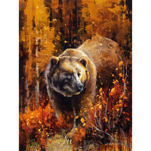 Grizzly bear painting in fall colors by artist Jerry Markham. Loose and impressionistic painting in brown red and yellow tones. This wildlife art available as a canvas print. Modern wall art print for country farmhouse or modern home decor.