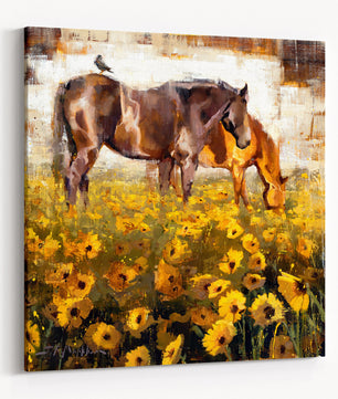 Artwork of 2 brown horses in a field of yellow flowers available as a canvas print as shown.