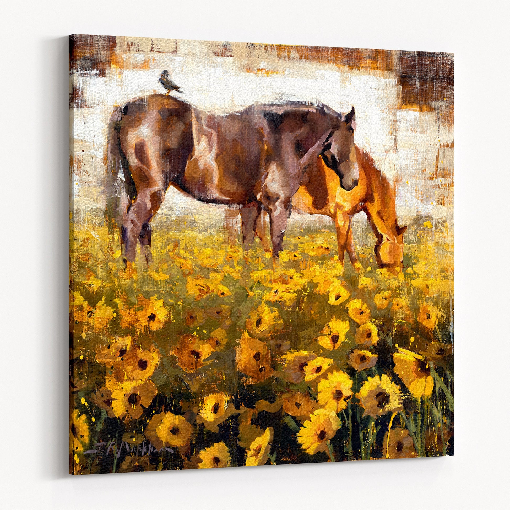 Artwork of 2 brown horses in a field of yellow flowers available as a canvas print as shown.