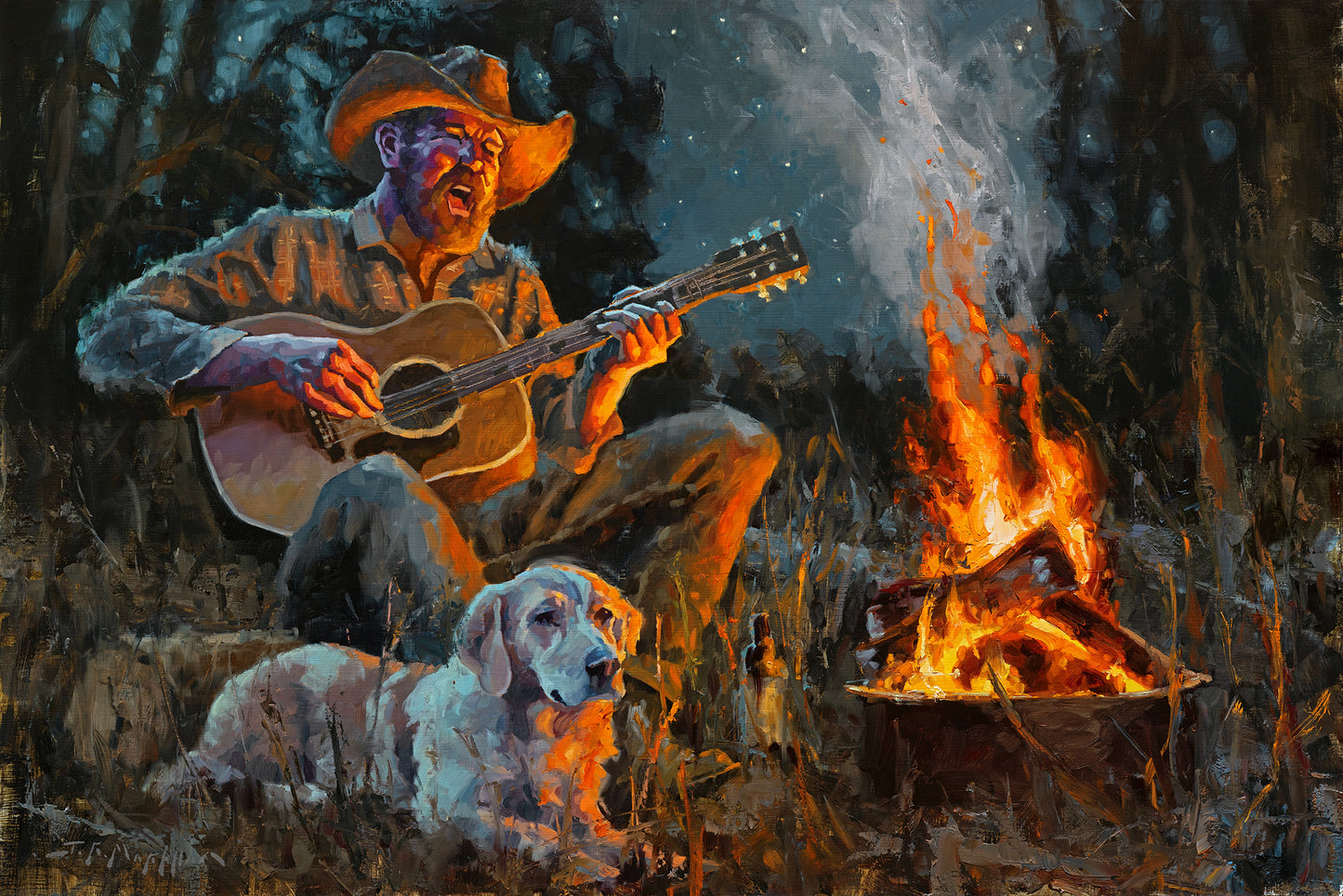 Down in the Hollow - 24x36 - Original western art oil painting of a cowboy playing guitar by a campfire at night with his dog by Jerry Markham artist - cowboy art, cowboy and dog