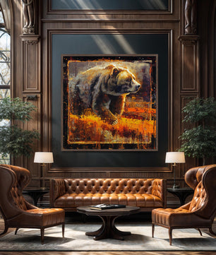 Grizzly bear wall art canvas print from original oil painting by Jerry Markham showing bear in fall field and glowing from light at sunset. Shown in espresso frame.
