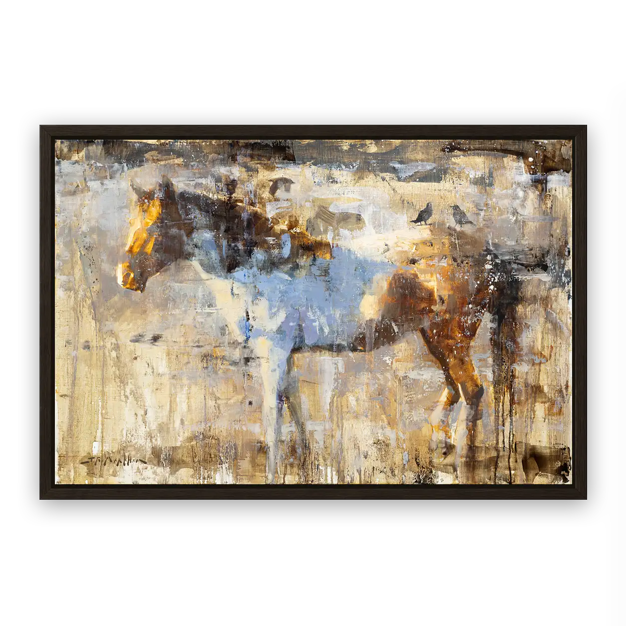 Loose painting of a white and brown horse with birds on its back by artist Jerry Markham. This horse art is sold but available as a print. For more original paintings see jerrymarkham.com