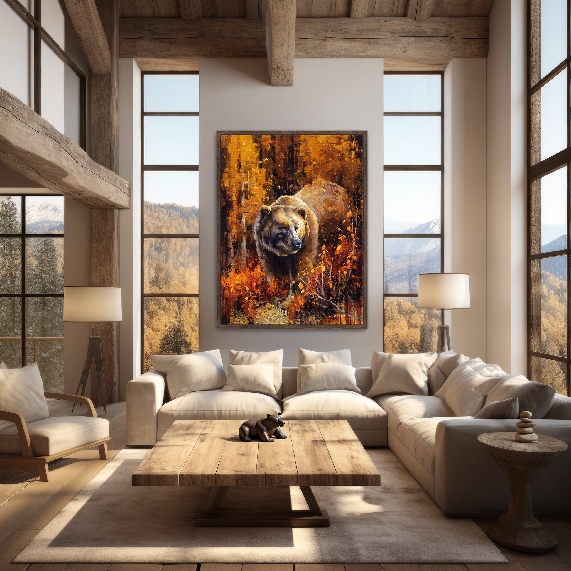 Large framed wildlife wall art print of grizzly bear in fall landscape. Painting available as a canvas print in multiple sizes. Shown in modern farmhouse decor.