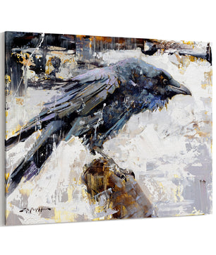 Black white and blue raven painting canvas print wall art