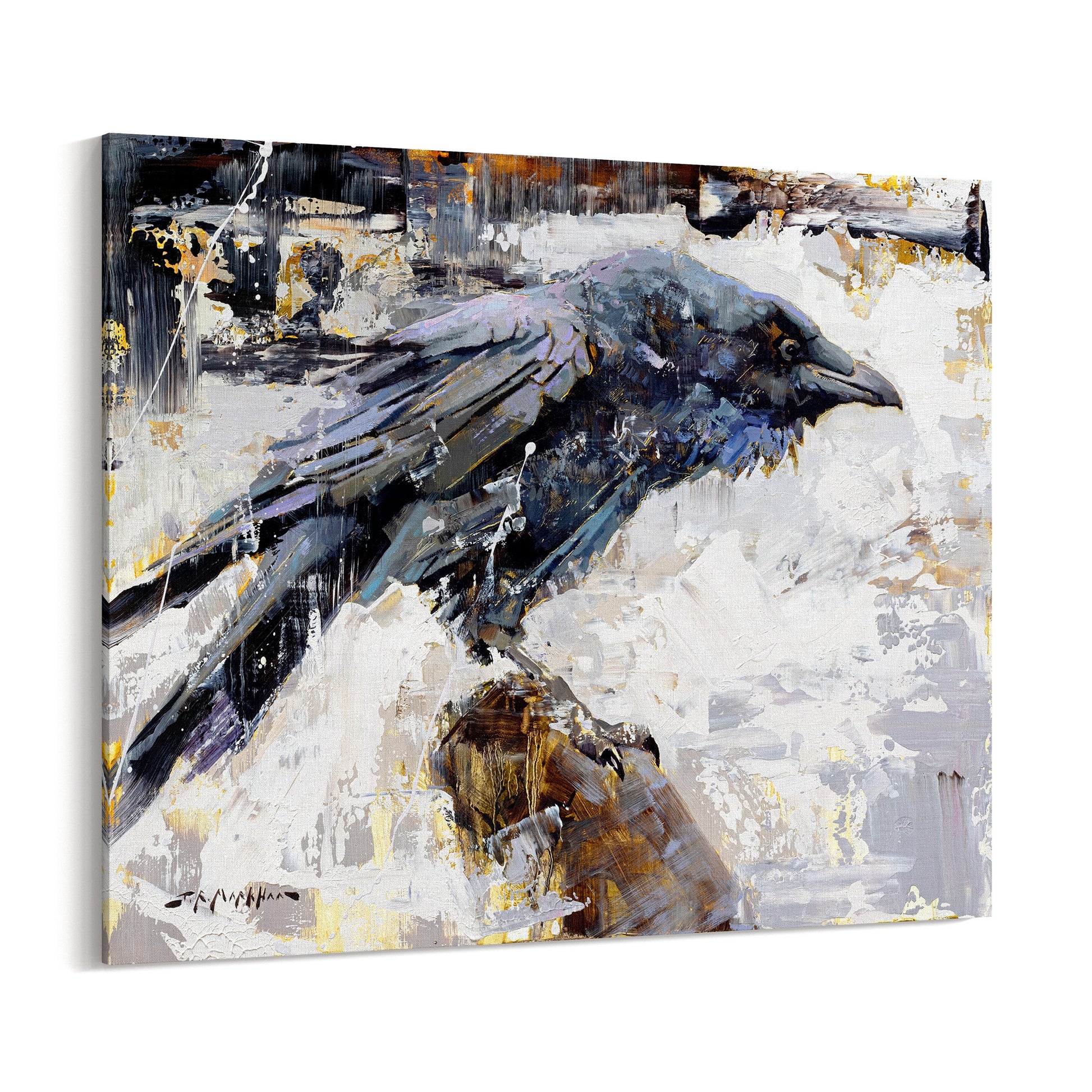 Black white and blue raven painting canvas print wall art