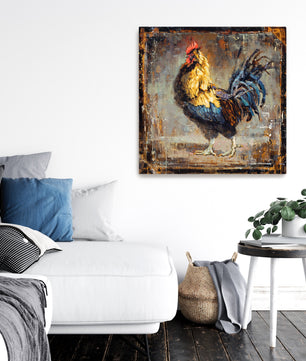 Chicken painting print on canvas. Wall art shown in farmhouse living room decor