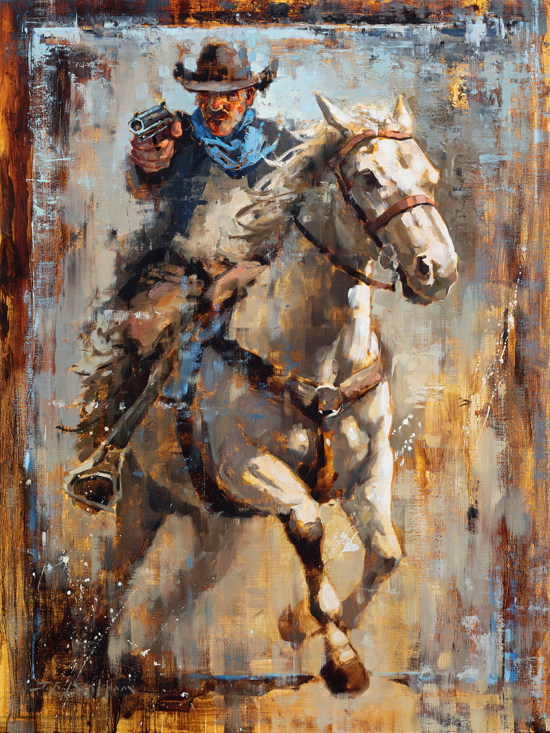 Galloping Gunman - 40x30 - Original oil painting western art of a cowboy gunfighter galloping on his white horse by Jerry Markham artist