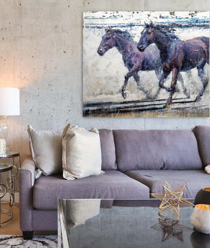 Horse wall art painting of two dark horses running. Modern horse art impressionist available as limited edition canvas print in multiple sizes.