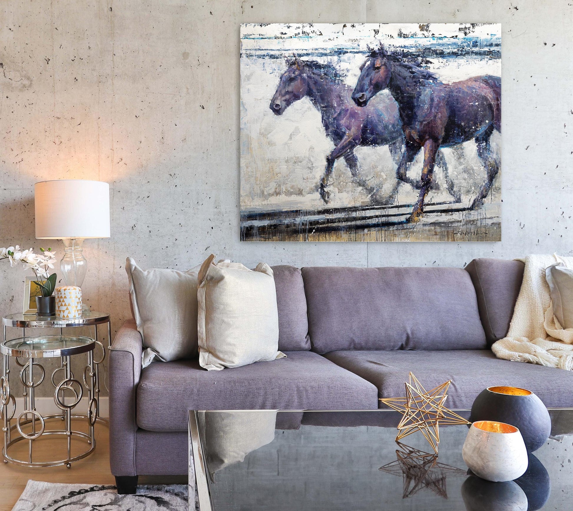 Horse wall art painting of two dark horses running. Modern horse art impressionist available as limited edition canvas print in multiple sizes.