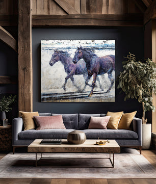 Horse painting of two dark horses running. Modern horse art impressionist available as limited edition canvas print in multiple sizes.